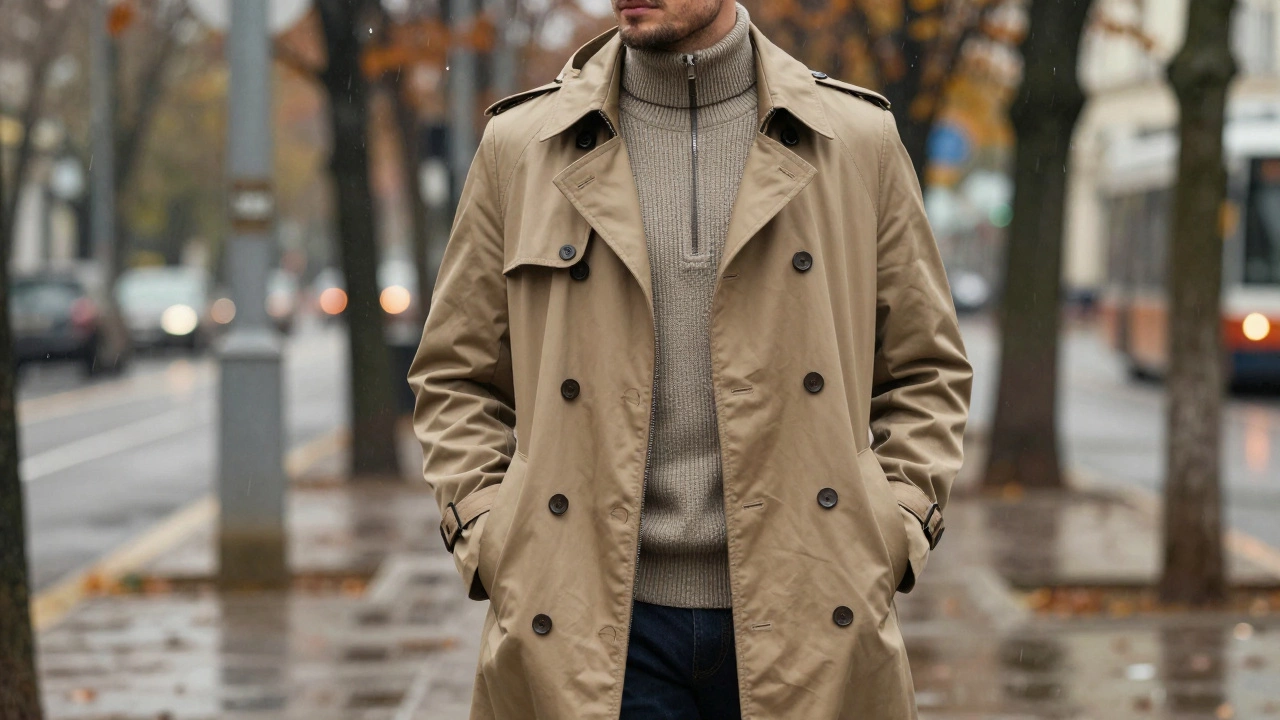 Мужчина в хаки плаще с капюшоном и слоями одежды стоит на мокрой улице осенью.