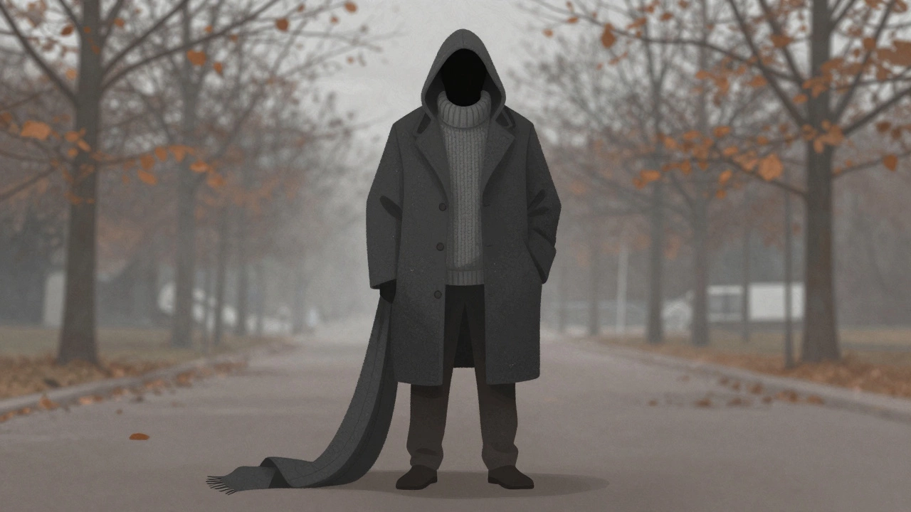 Мужчина в нескольких свитерах и тяжёлом пальто выглядит неопрятно, шарф волочится по земле.