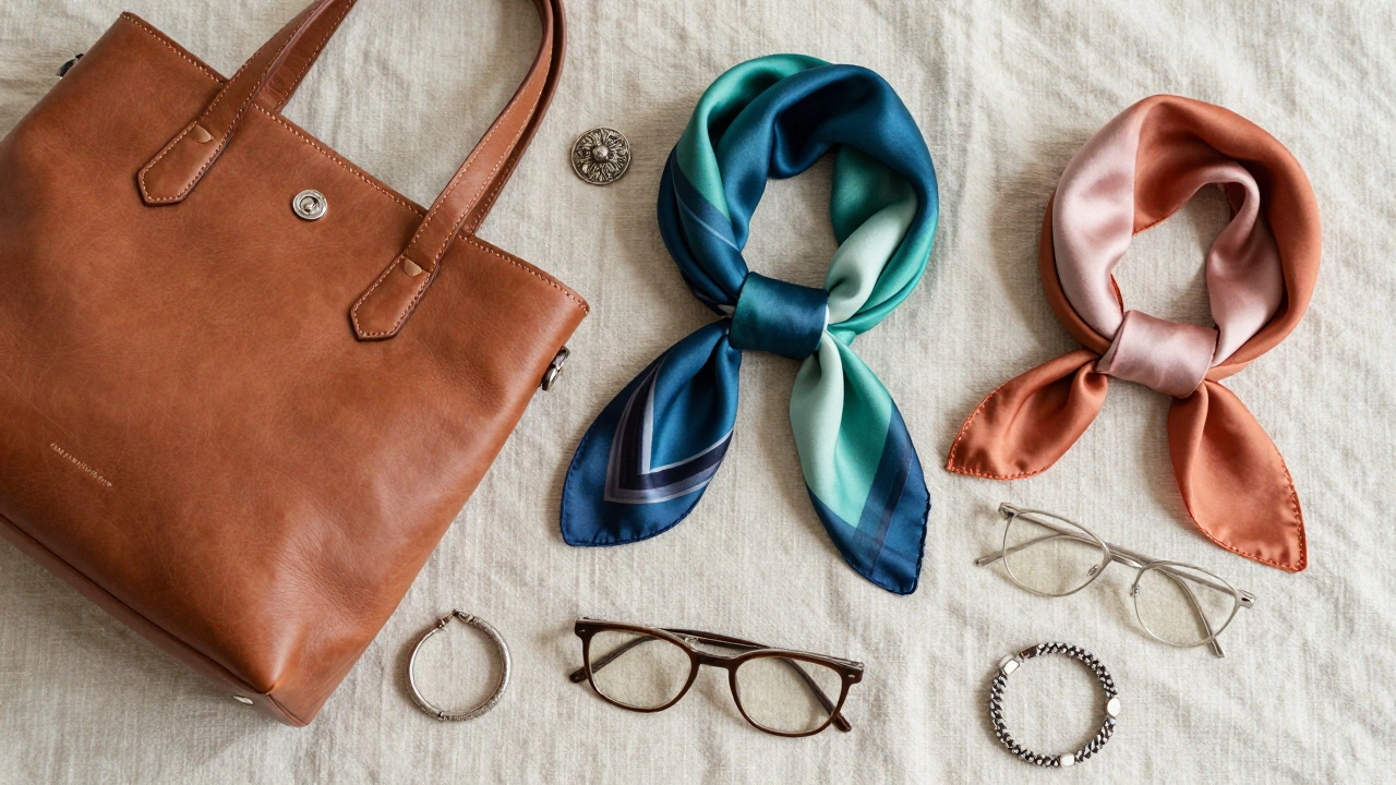 Плоская композиция сумок, украшений и очков на ткани