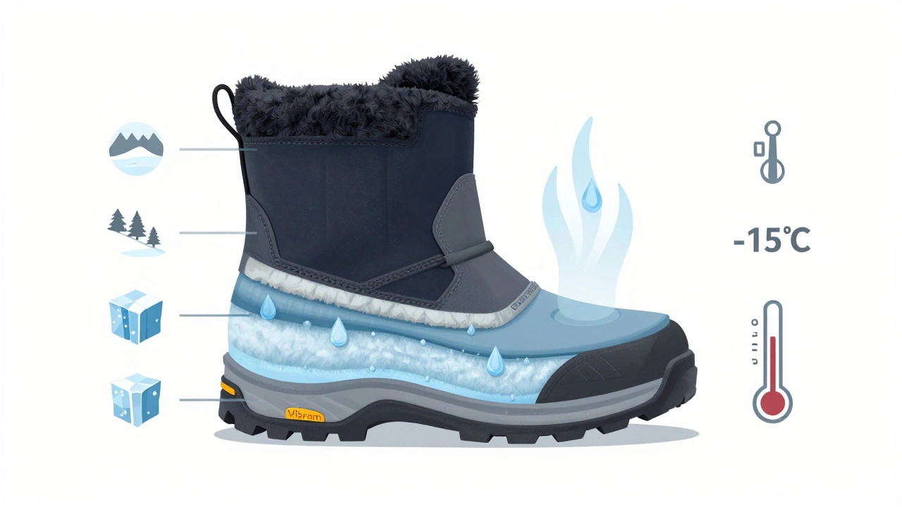 Разрез зимней обуви, показывающий слои: мембрана, утепление и приклеенная подошва, вода не проникает внутрь.