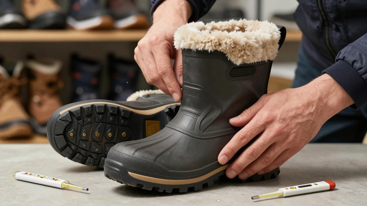 Руки человека проверяют подошву и утеплитель зимней обуви, акцент на текстурах материала и водонепроницаемом покрытии.