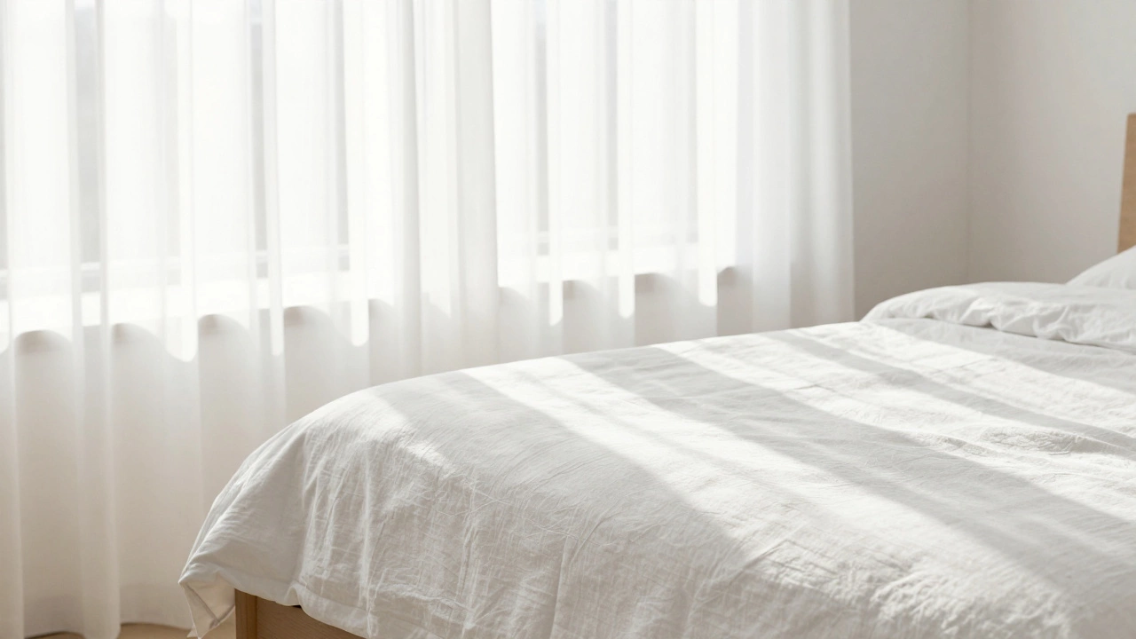 Свежее постельное белье в светлой спальне утром