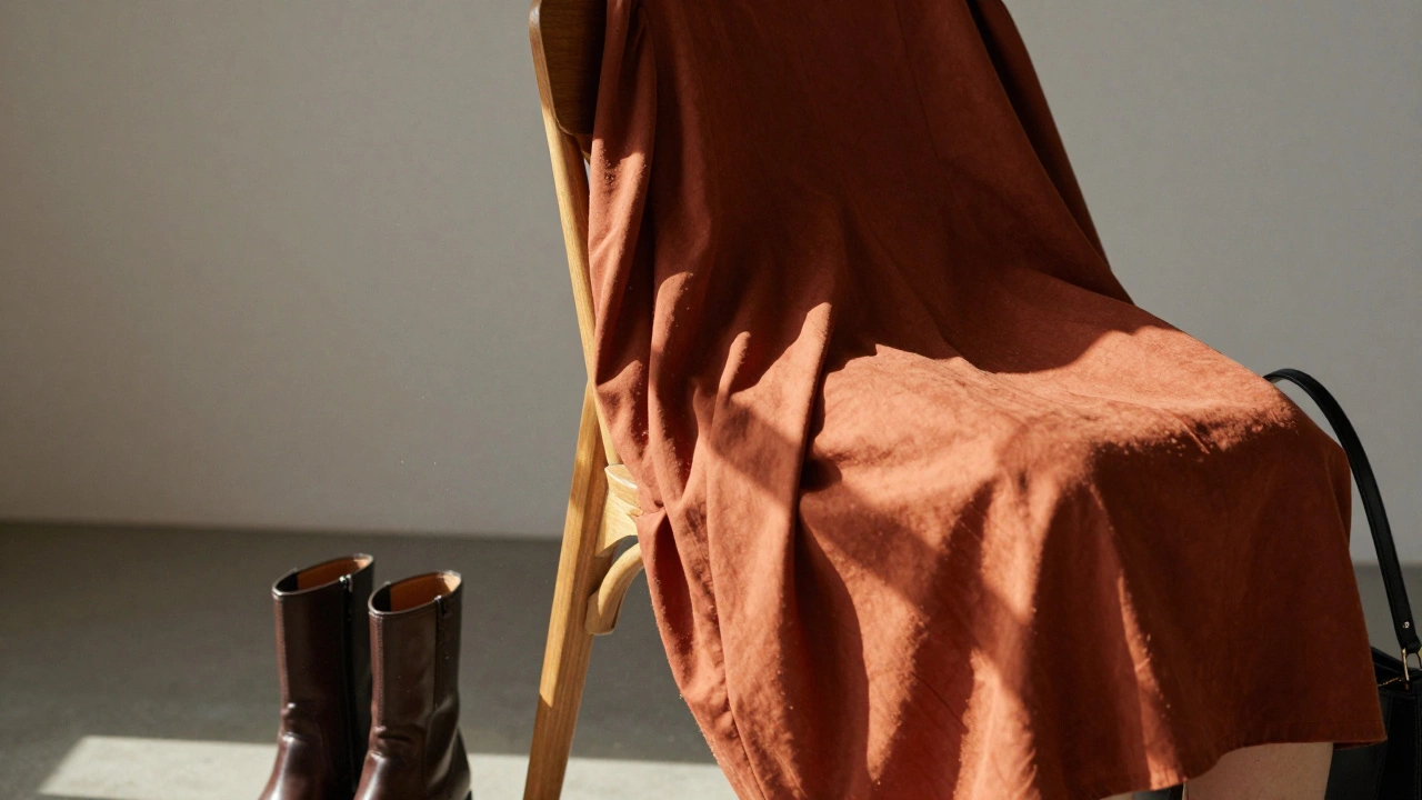 Терракотовое платье на деревянном стуле, кожаные ботинки и черная сумка рядом, осенний свет и текстуры ткани.