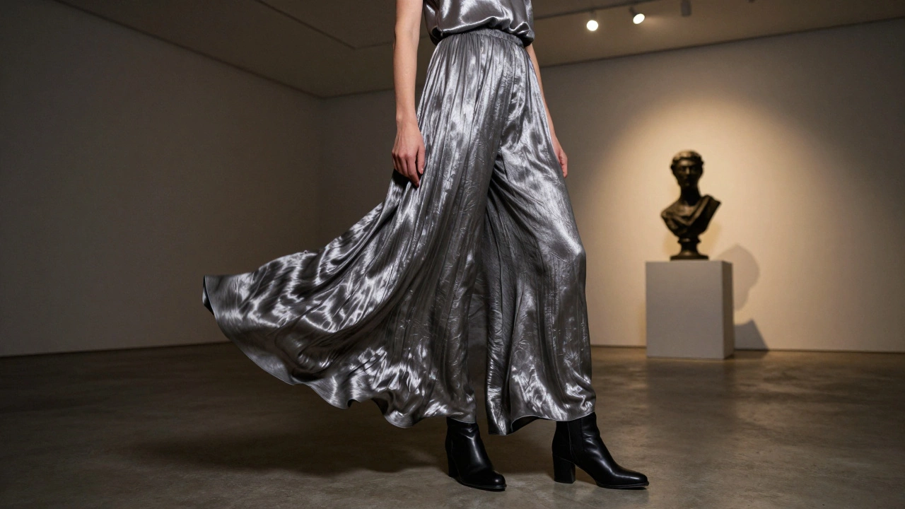 Женщина в длинных палаццо брюках в галерее под мягким светом.