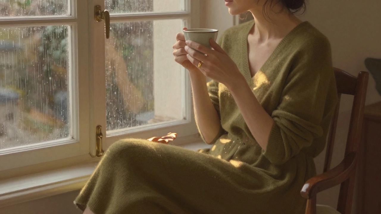 Женщина в оливковом платье сидит у окна с чашкой, дождь за стеклом, золотистый свет и золотое кольцо.