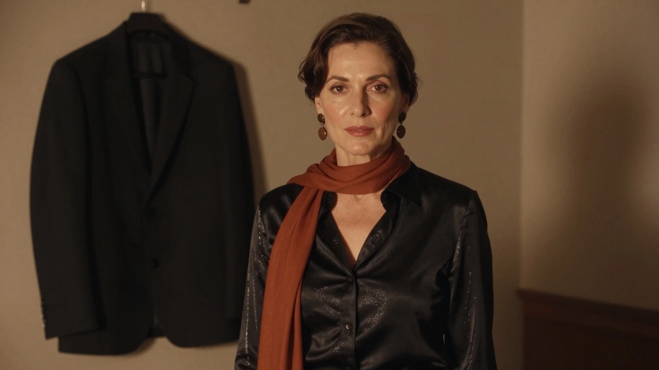 Женщина в шелковой черной блузке с бронзовыми украшениями и терракотовым шарфом, освещенная теплым светом.