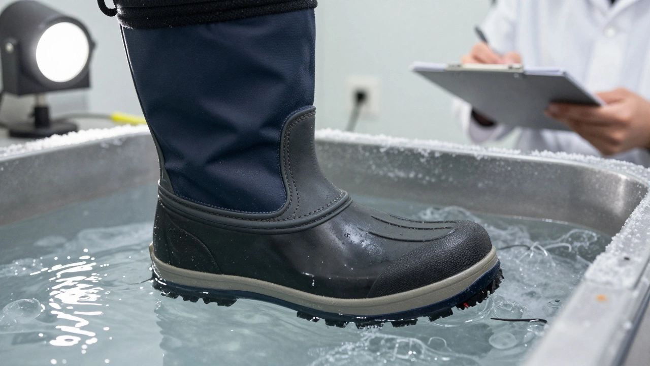 Зимние ботинки WinterGrip тестируются в лаборатории: вода отталкивается мембраной, техник наблюдает за процессом.