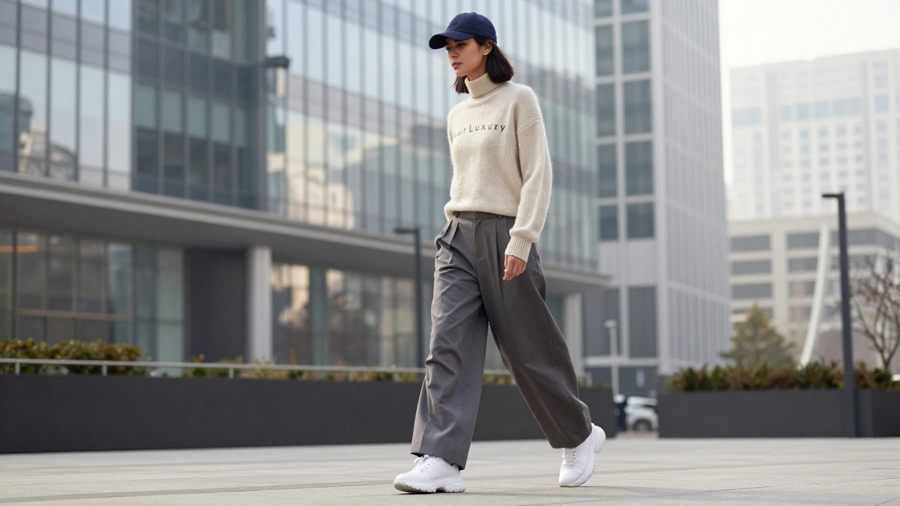 Человек в сочетании вещей в стиле тихой роскоши и стритвира на фоне городского пейзажа