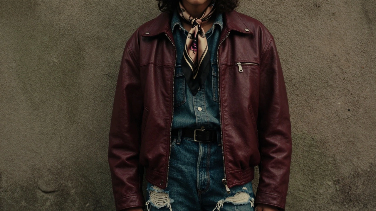 Эклектичный стиль с винтажной кожаной курткой и рваным денимом