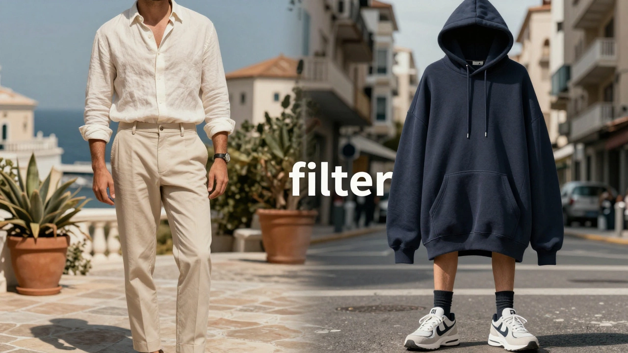 Концептуальное сравнение стилей Old Money и Streetwear в одном кадре