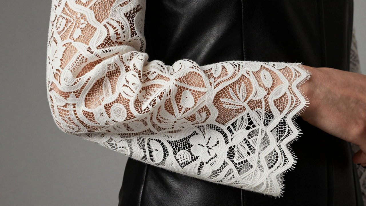 Крупный план рукава из графичного кружева с широкими манжетами