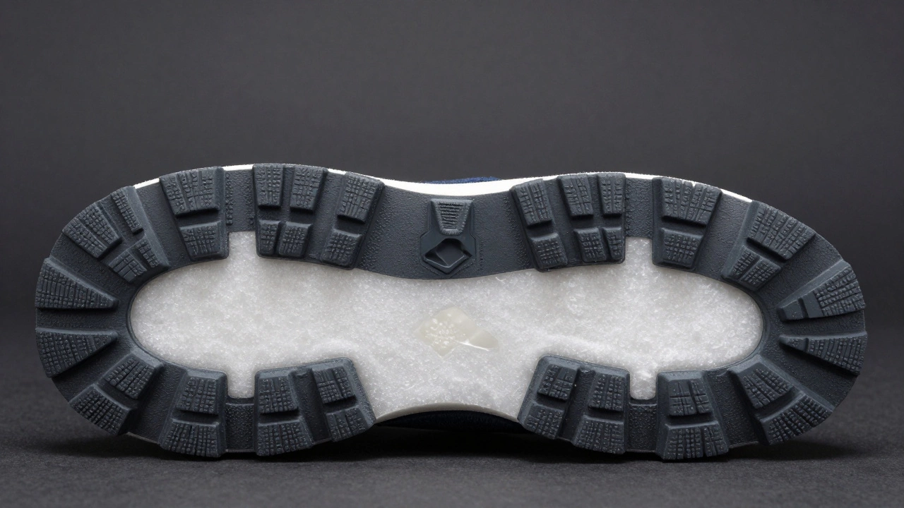 Макроснимок подошвы зимнего ботинка с комбинированным слоем ЭВА и ТПУ и мелким протектором