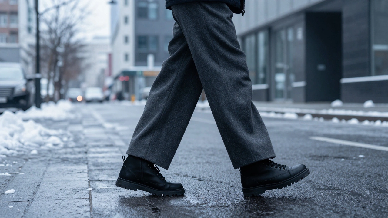 Мужчина в широких брюках и черных гибридных зимних кроссовках на городской улице