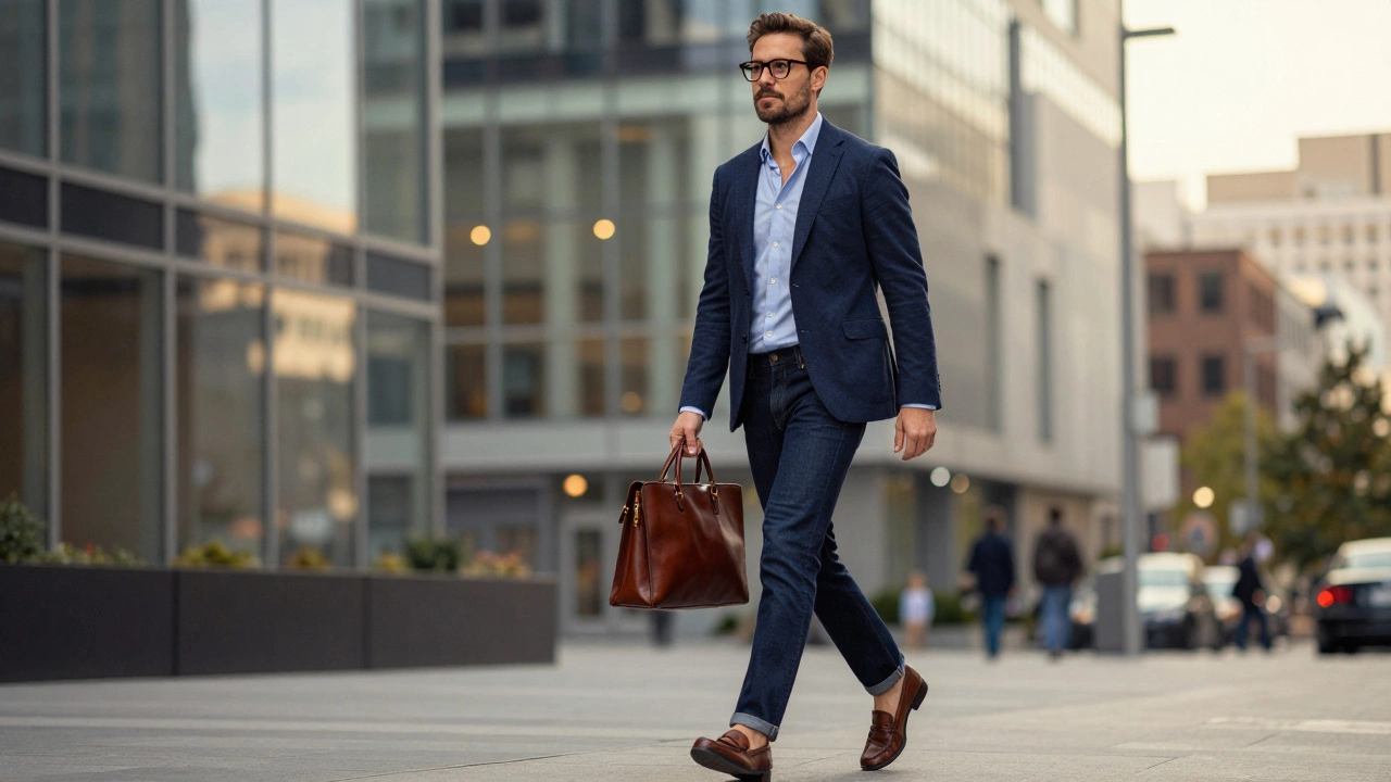 Мужчина в стиле Smart Casual уверенно идет по современному городу