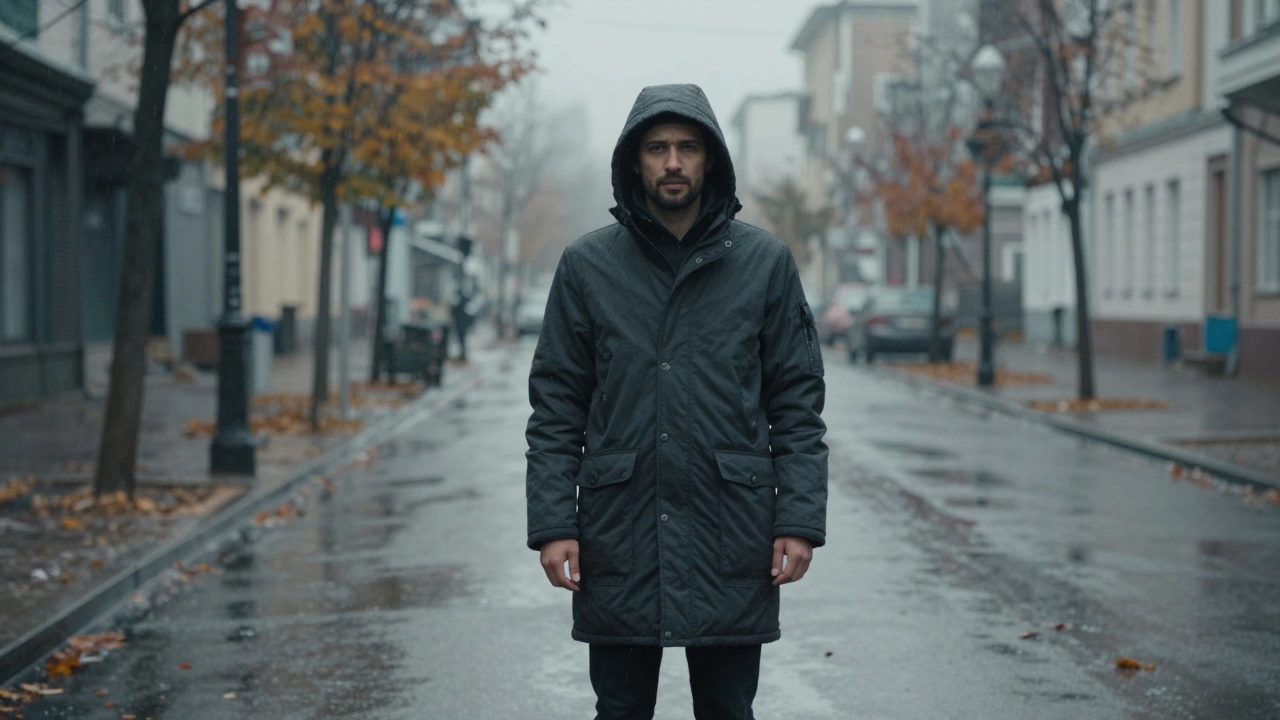 Мужчина в теплой темно-серой парке на туманной городской улице