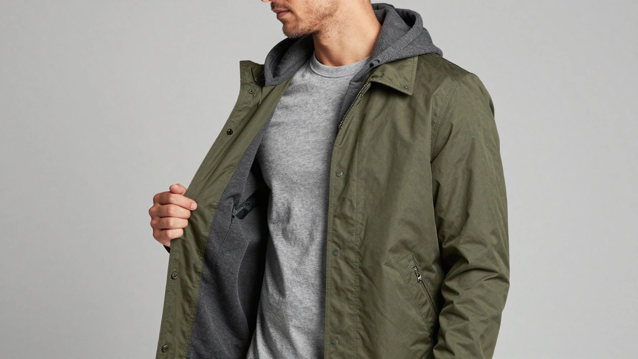 Пример многослойности в одежде: футболка, худи и куртка харрингтон