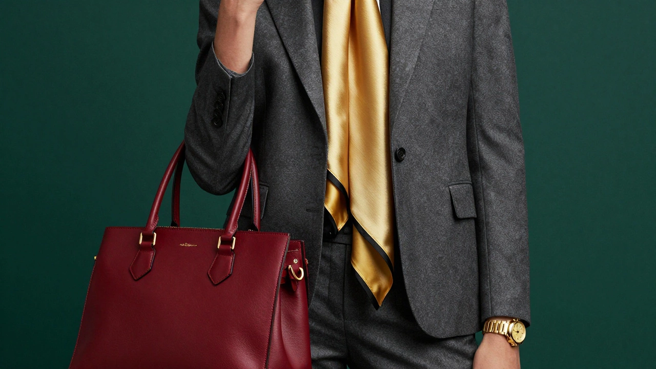 Серый деловой костюм с яркими золотыми и красными аксессуарами