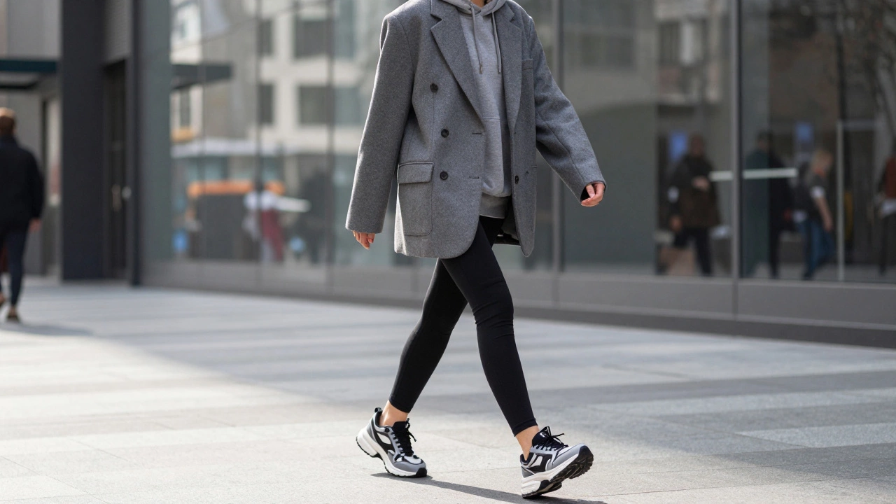 Современный городской образ: оверсайз пиджак, худи и кроссовки