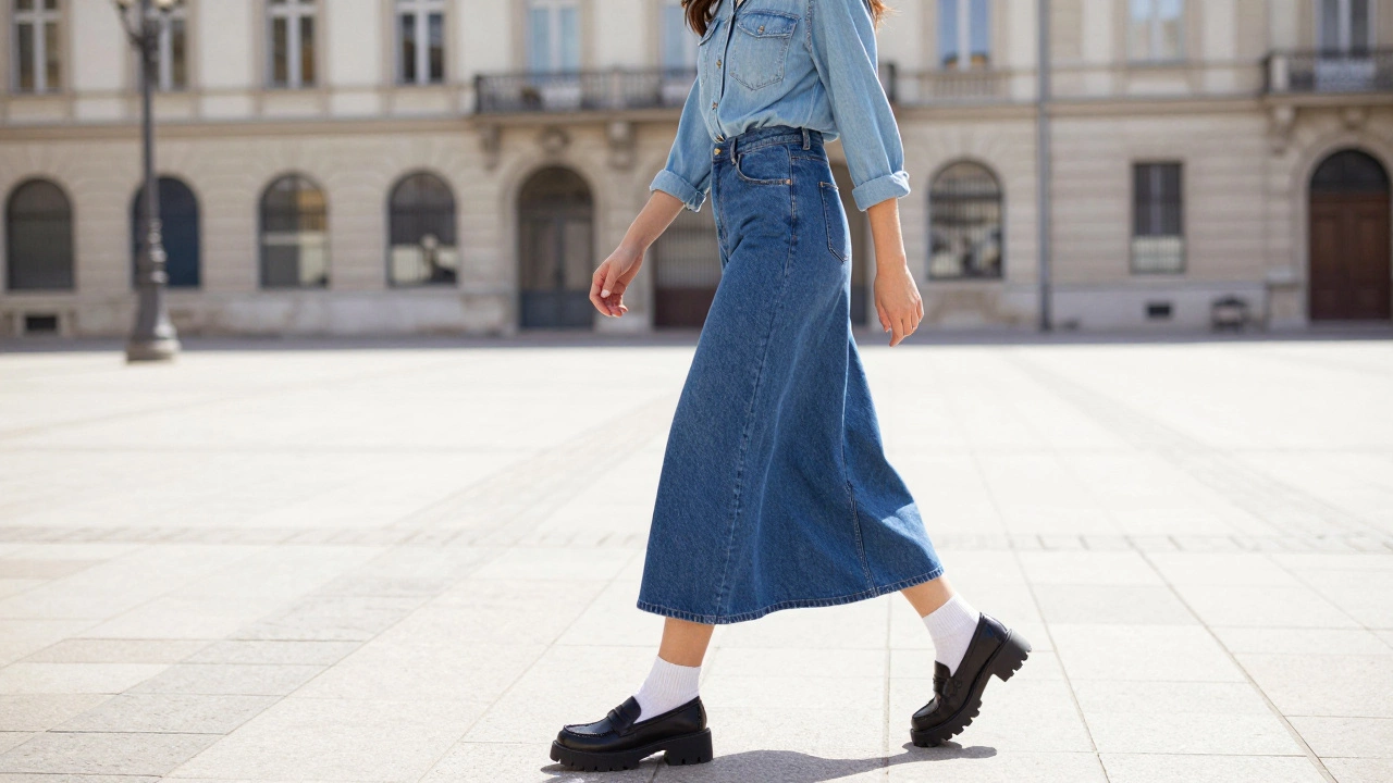 Стильный образ total denim: джинсовая юбка макси, рубашка и массивные лоферы