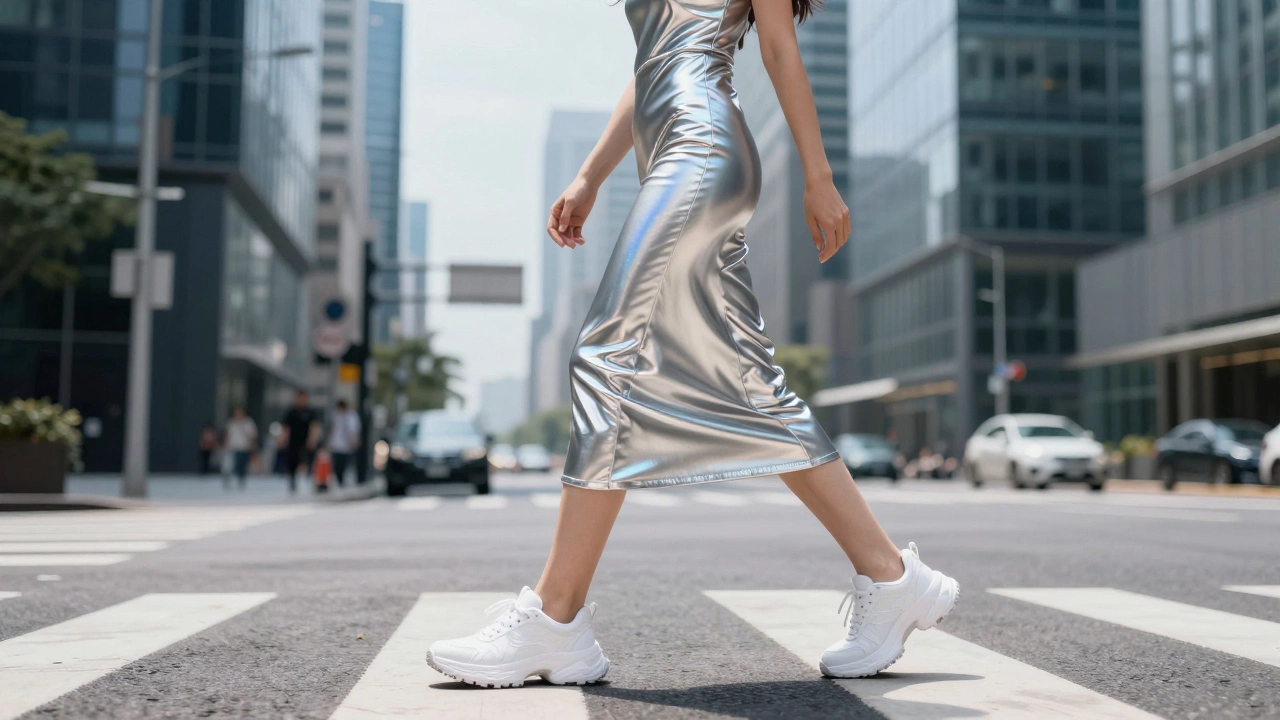 Стильный образ в серебристом платье-металлик и белых кроссовках в городе