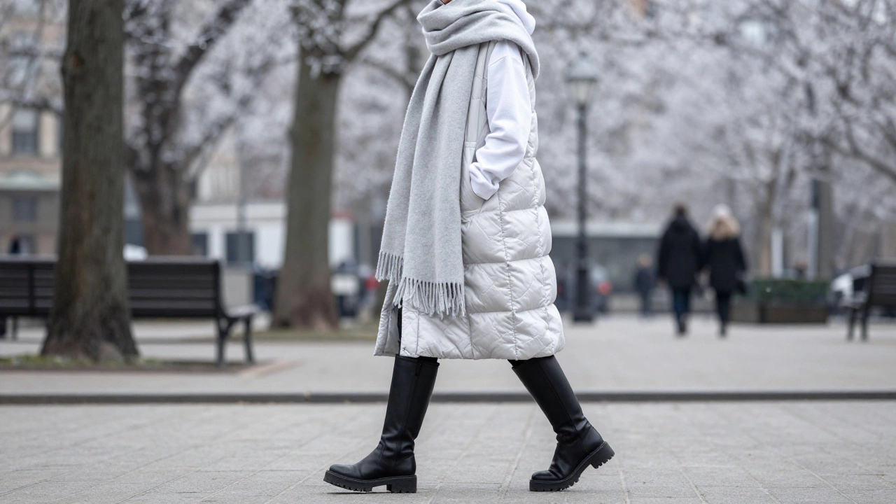 Стильный зимний образ с длинным стеганым жилетом, объемным шарфом-палантином и кожаными сапогами