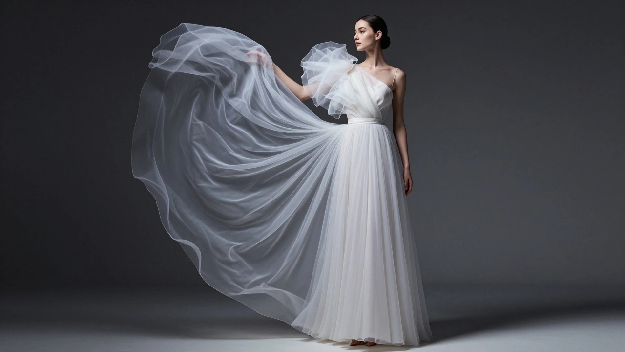 Вечернее платье с асимметричным гипертрофированным рукавом из шифона