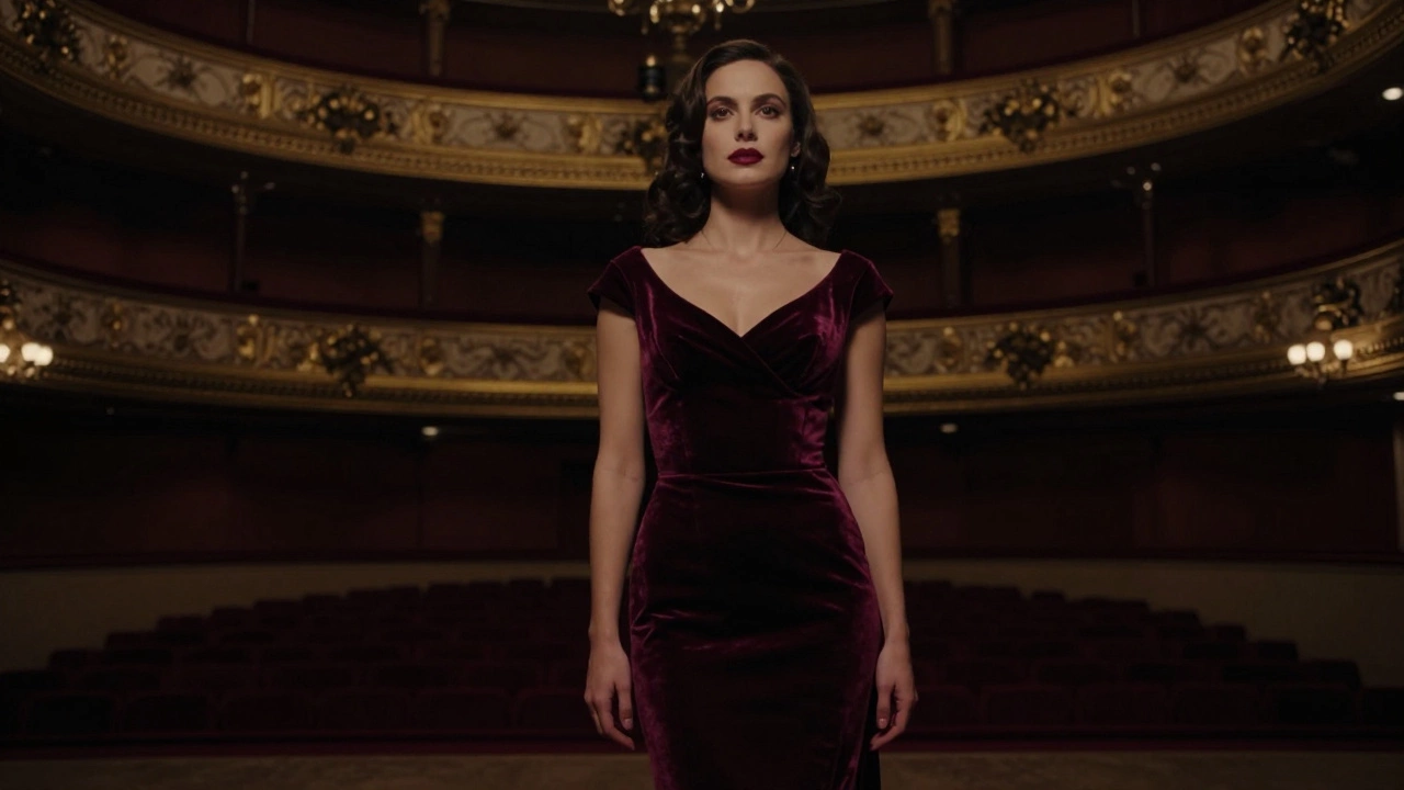 Женщина в роскошном бордовом бархатном платье в интерьере оперы