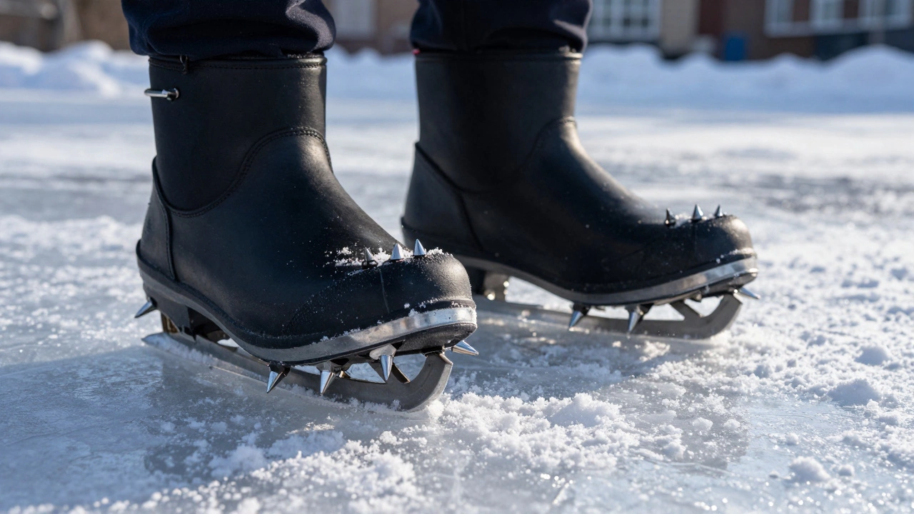 Зимние ботинки со съемными металлическими ледоступами на заснеженной поверхности