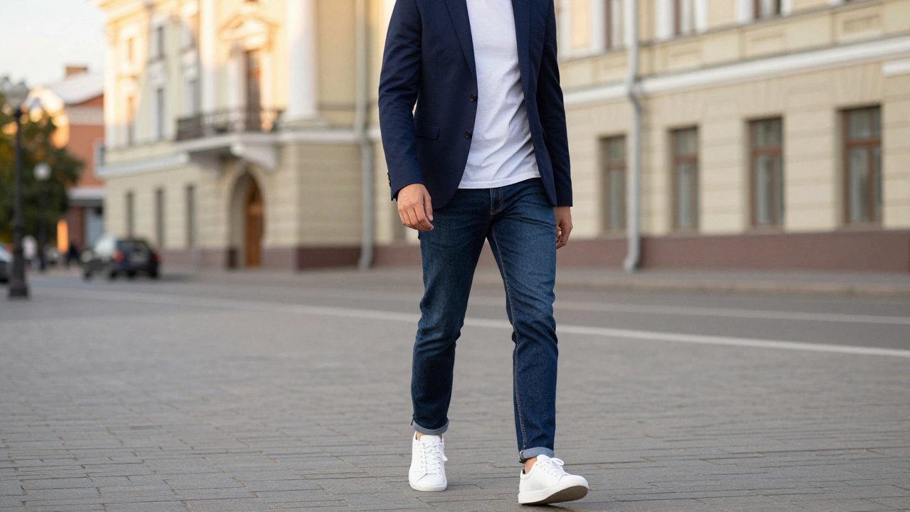Стильный образ smart casual с темно-синим пиджаком и белыми кроссовками