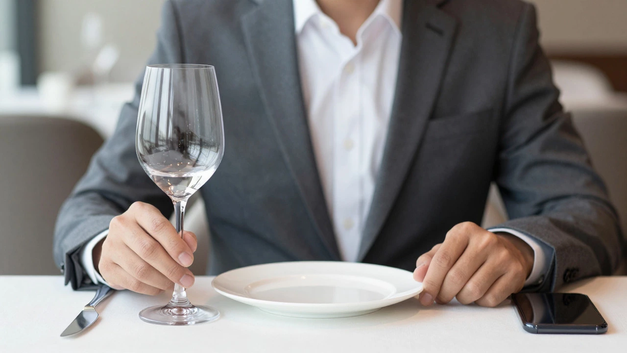 Close-up of businessman in tailored suit practicing proper table etiquette with wine glass and phone face down during quiet lunch