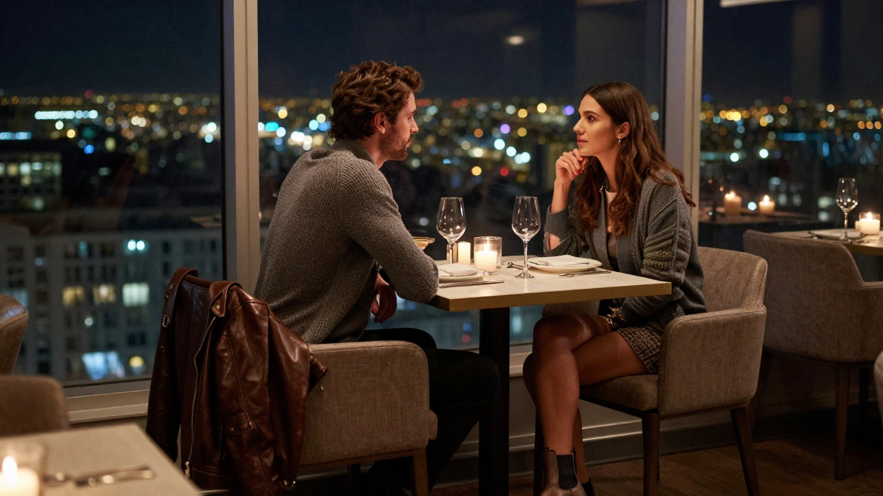 Romantic couple at window seat in upscale restaurant enjoying city night view, man in smart-casual leather jacket and sweater