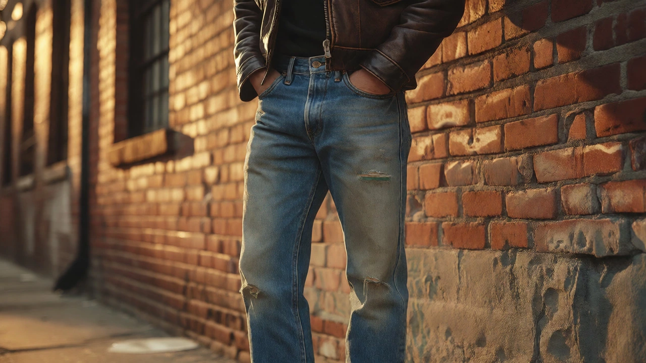Человек в винтажных джинсах Levi's на фоне кирпичной стены