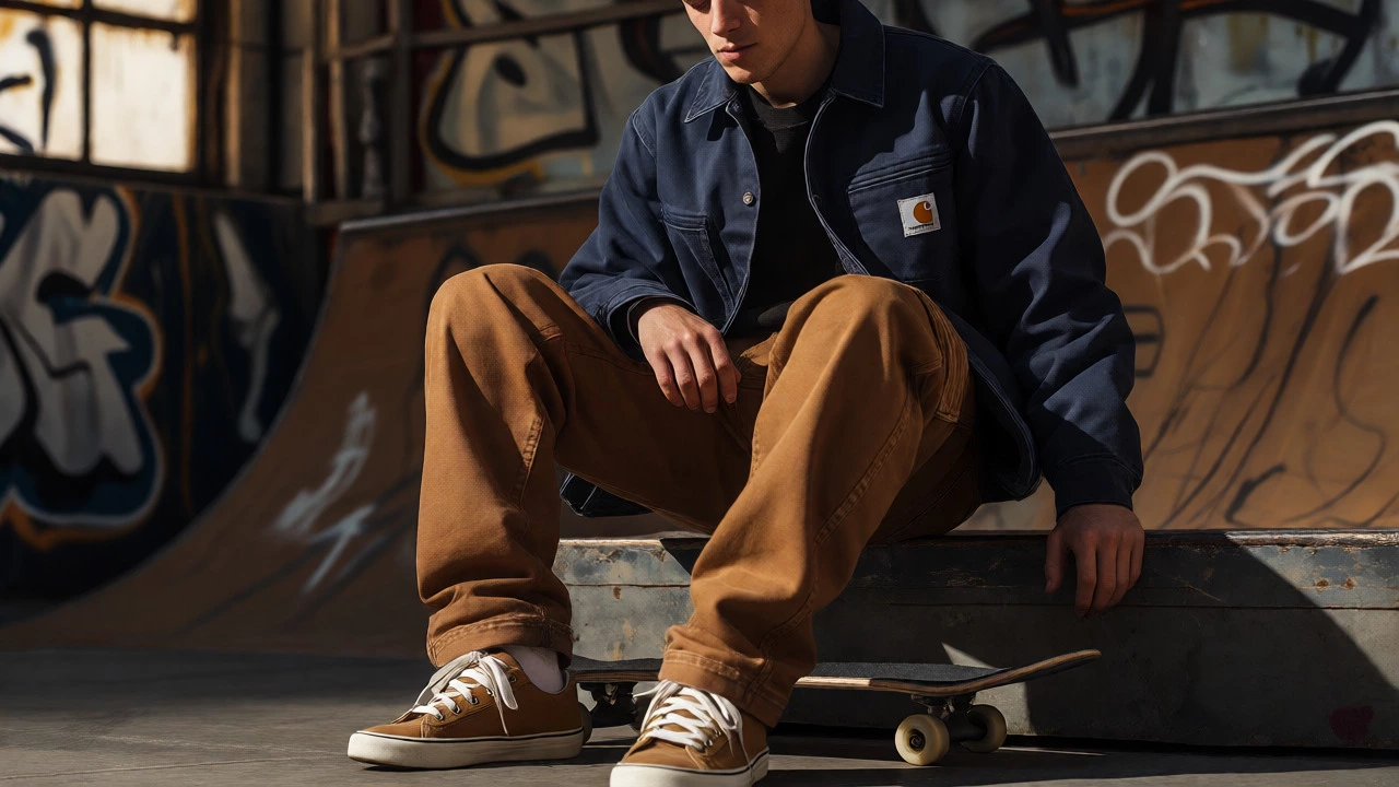 Скейтер в прочной одежде Carhartt в урбанистической среде